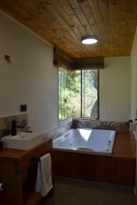 a large bathroom with a tub and a sink at Chalé Pé da Serra - Região de Monte Verde in Camanducaia