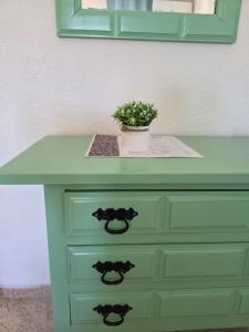 a green dresser with a potted plant on top of it at Pensión Restaurante Páramo in La Herradura