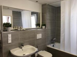 a bathroom with a sink and a toilet and a mirror at Apartmenthaus Schlosspark in Worms