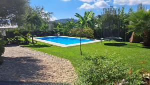 a backyard with a swimming pool and a grass yard at Casa do Alpendre in Arco de Baúlhe