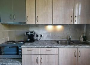 a kitchen with a sink and a stove at Papa Nero Beach House in Agios Ioannis Pelio