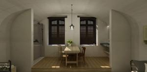 a kitchen and dining room with a table and chairs at Erflogies Fort Liezele in Puursheide