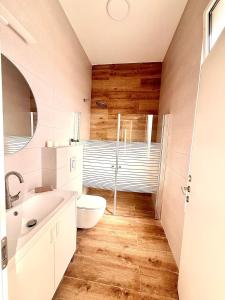 a bathroom with a toilet and a sink at Flamingo Suite in Atlit