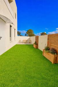 a yard with green grass in a house at Flamingo Suite in Atlit