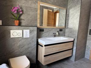 a bathroom with a sink and a toilet and a mirror at NEUBAU Alpinstar Chalet - Luxus, Bergblick, Loipe, Sauna in Leutasch +43 photos