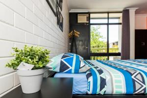 a bedroom with a bed and a potted plant at Billabong Backpackers Resort in Perth