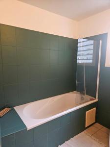a bath tub in a bathroom with a green wall at Le paille en queue in Saint-Pierre