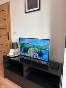 a flat screen tv sitting on a black entertainment center at Lux Corner Park przestronne mieszkanie z klimatyzacją, balkonem i podziemnym garażem in Pruszków