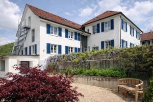 a bench in front of a house with blue shutters at Das Zollhaus Studio Newton nahe der Schweiz in Klettgau in Klettgau