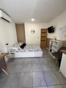 ein Schlafzimmer mit Bett, Schreibtisch und Fernseher in der Unterkunft Studette de 17m2 avec parking privé gratuit Climatisation et petite cuisine in Menton