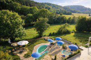 an aerial view of a swimming pool with umbrellas at Das Zollhaus Studio Newton nahe der Schweiz in Klettgau in Klettgau
