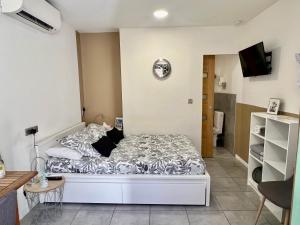 ein Schlafzimmer mit einem Bett in einem Zimmer in der Unterkunft Studette de 17m2 avec parking privé gratuit Climatisation et petite cuisine in Menton + 5 Fotos