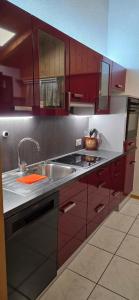a kitchen with red cabinets and a sink at Wohnung in Reichenbach im Kandertal in Reichenbach +13 photos