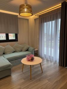 a living room with a couch and a table at Flâneur apartments in Ormos Panagias