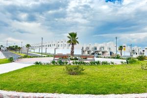 a park with benches and a palm tree and buildings at Casa Brianzzas in Miranda