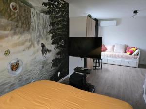 a bedroom with a bed and a tv in a room at Studio Amnesia in Heerhugowaard