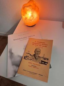 a book sitting on top of a table next to an orange at B&B Villa Friedmann Nonantola Modena in Nonantola