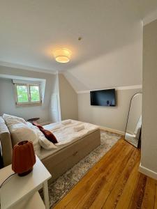 a bedroom with a bed and a flat screen tv at Boutique Apartment Villa Jaenisch in Kaiserslautern