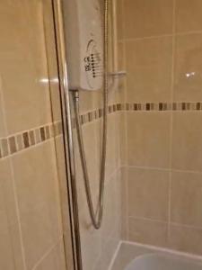a shower with a glass door in a bathroom at Cloverdale in Bedlington +5 photos