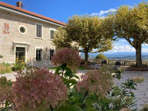 a garden with pink flowers in front of a building at Castel serein in Maubec