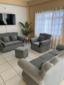 a living room with two couches and a tv at Lyn Tropical Getaway in Port-of-Spain +2 photos