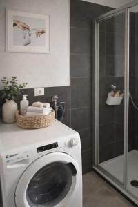 a washing machine in a bathroom with a shower at Giovanna Ferienwohnung in Müllenbach +11 photos