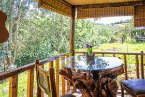 a table on a deck with a tree stump at Hotel - Posada Las Rocas - Guasca Cundinamarca in El Lindero