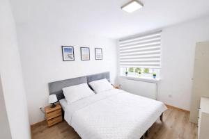 a white bedroom with a bed and a window at Dom Przyjaźni in Kędzierzyn-Koźle