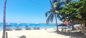 a beach with chairs and umbrellas and the ocean at Departamento ideal in Ipojuca