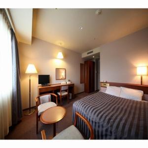 a hotel room with a bed and a desk at Hotel Crown Hills Takefu in Echizen +33 photos