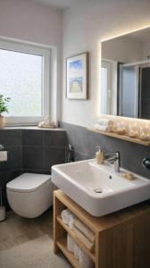 a bathroom with a sink and a toilet and a mirror at Giovanna Ferienwohnung in Müllenbach