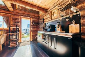 a kitchen with wooden walls and a counter top at Blockhaus PanHütte in Braunlage