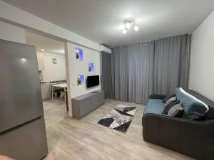 a living room with a couch and a television at marius in Chiajna