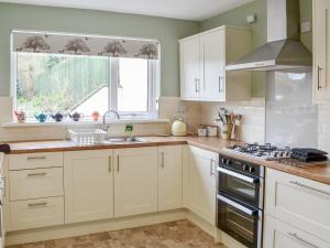 eine Küche mit weißen Schränken, einer Spüle und einem Fenster in der Unterkunft Thistle Dee in Wooler + 12 Fotos