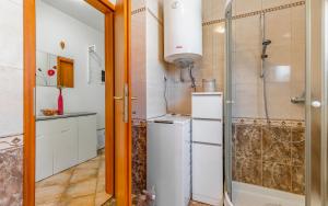 a kitchen with a shower and a refrigerator at Good choice in Valbandon +36 photos