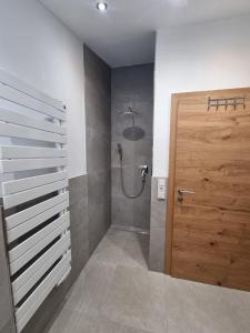 a bathroom with a shower with a wooden door at Ferienwohnung Kogler Zillertal in Fügenberg +6 photos
