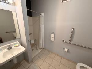 a bathroom with a sink and a shower and a toilet at River Hills Hotel- Mankato in Mankato +39 photos