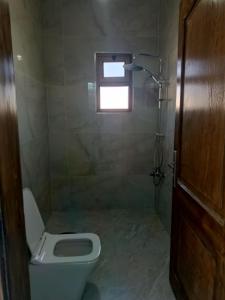 a small bathroom with a toilet and a window at شقق العون in Jerash +19 photos