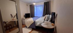 a small bedroom with a bed and a mirror at Rohu Apartment in Pärnu +8 photos