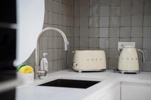 two toasters sitting on a kitchen counter next to a sink at The Lookout | Private Beach Access in São Roque +29 photos