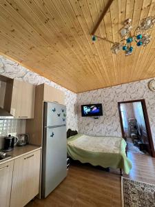 a kitchen with a refrigerator in a room at Mini Villa in Tel