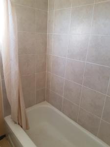 uma casa de banho com banheira e cortina de chuveiro em Shamrock Motel em Valleyview