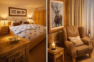 two pictures of a bedroom with a bed and a chair at Laax Cozy Apartment - Ski Bus - Fireplace in Laax
