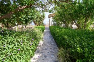 a walkway through a garden with flowers and trees at Ocean Melody in Megás Limniónas