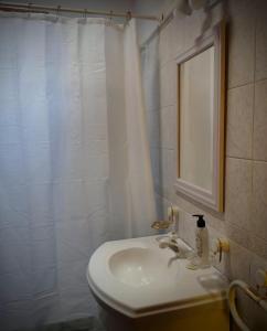 a bathroom with a sink and a shower curtain at Tranquilidad en Bragado in Bragado +17 photos