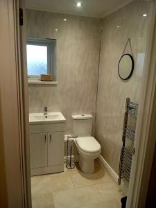a bathroom with a toilet and a sink and a mirror at Martindale Close - 3 Bedrooms - Sleeps 5 in Whitehaven +12 photos