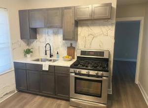 a kitchen with a stove and a sink at City Retreat in Chicago +28 photos