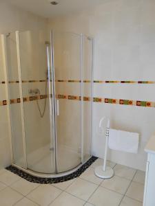 a bathroom with a shower with a glass door at Roz Aon in Châteauneuf-du-Faou