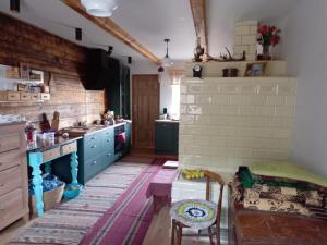 a kitchen with a sink and a table in a room at Gospodarstwo agroturystyczne alpaki Pituchówka in Łoknica