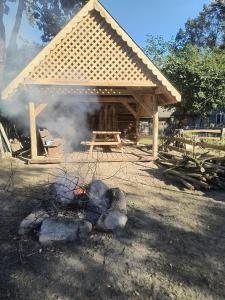 a grill with smoke in front of a building at Gospodarstwo agroturystyczne alpaki Pituchówka in Łoknica